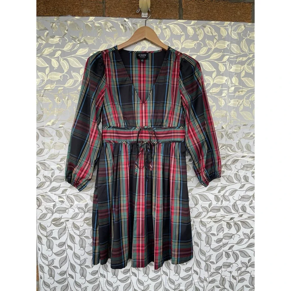 J.Crew Taffeta Mini Dress Stewart Plaid Size 00 Quiet Luxury Preppy